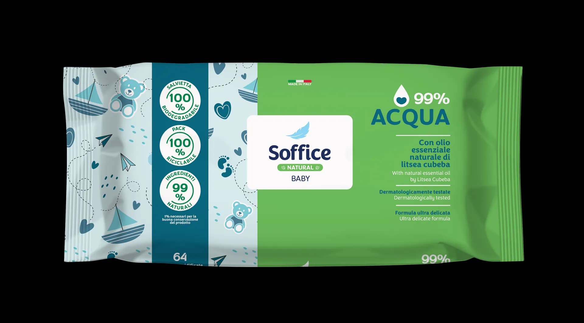 SALVIETTE UMIDIFICATE NATURAL BABY - 99% ACQUA - 64 PZ